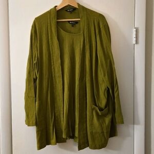 Ulla Popken Green 100% Cotton Gauze Matching Set Tank And Cardigan